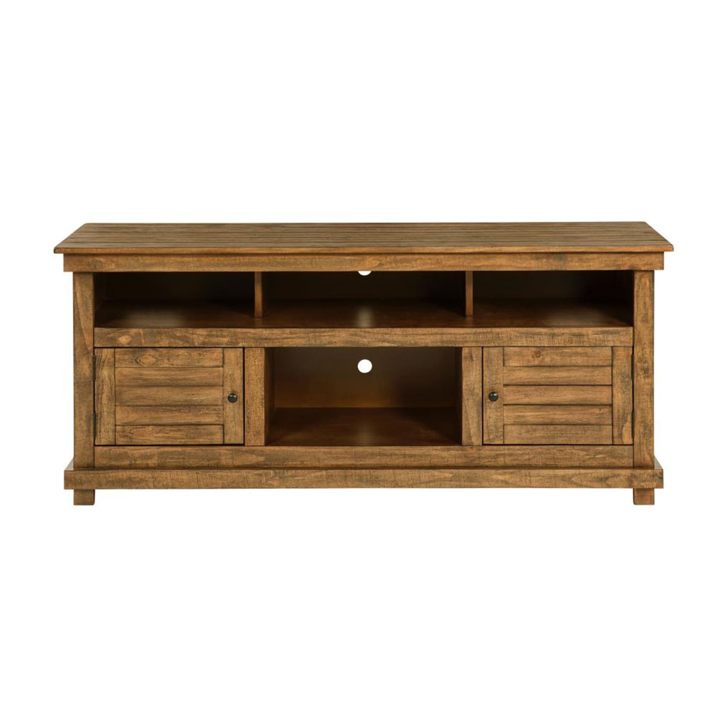 2 Doors and 4 Open Shelves Wooden TV Stand in Distressed Brown