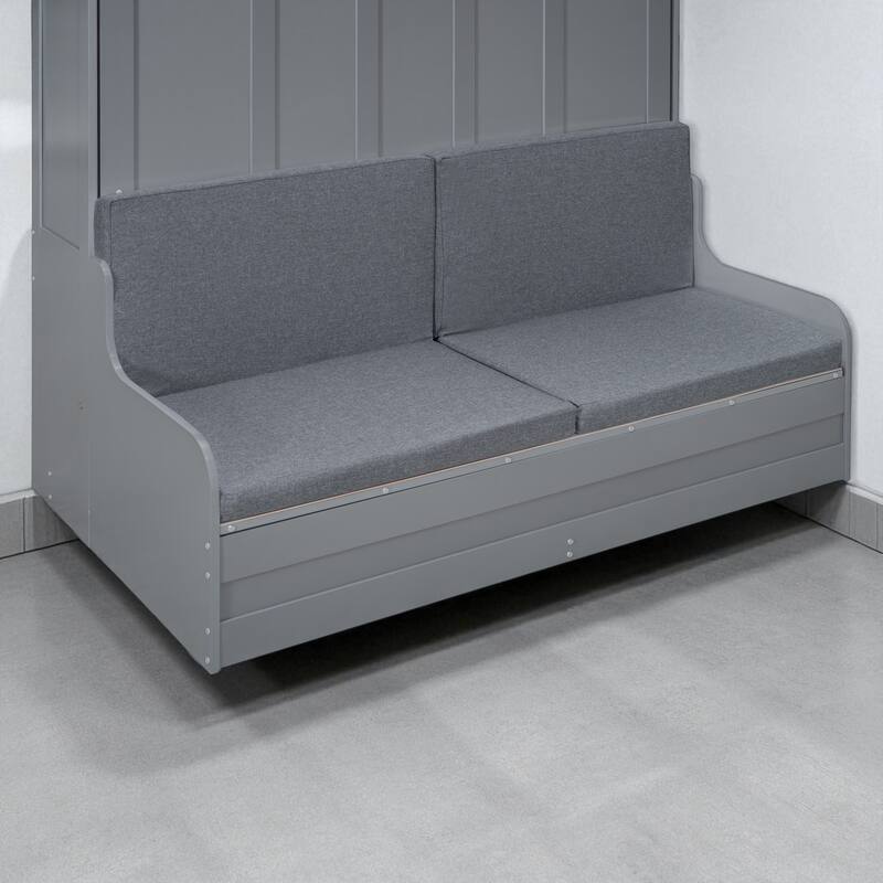 Queen Size Murphy Wall Bed with Cushion Seat, Dual Piston Lift, Space-Saving Cabinet, 8 in Mattress Compatible