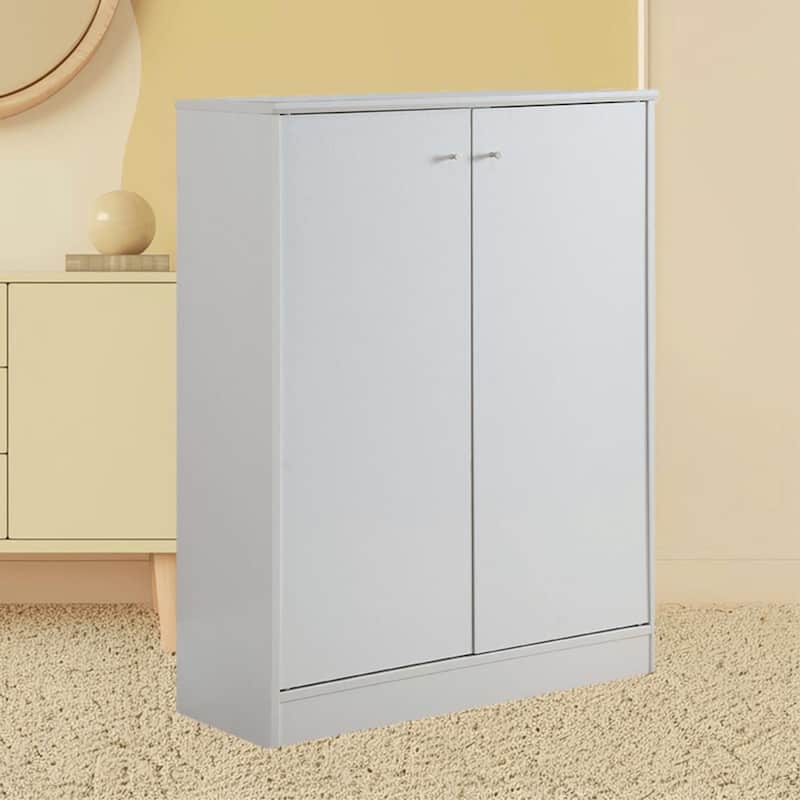 Five-Shelf Free Standing Shoe Cabinet with Two Doors and Modern Metal Knob Handles, for Hallway, Entryway Organization - White
