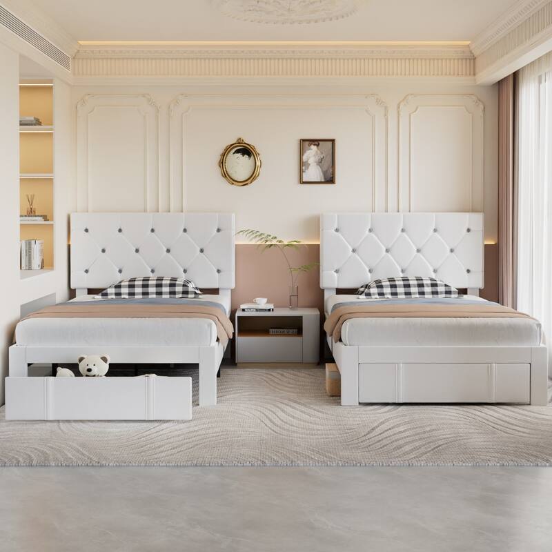 Javlergo 2-Piece Twin Bed Frame Set 39.4-45.3" Adjustable Height PU Leather Headboard with Diamond Embellishment Storage Drawer - White