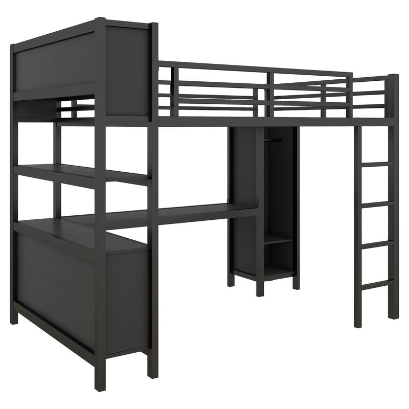 Full Size Metal Loft Bed with Wardrobe, L-shaped Desk, and Storage Shelves for Kids, Teens, and Adults, Black
