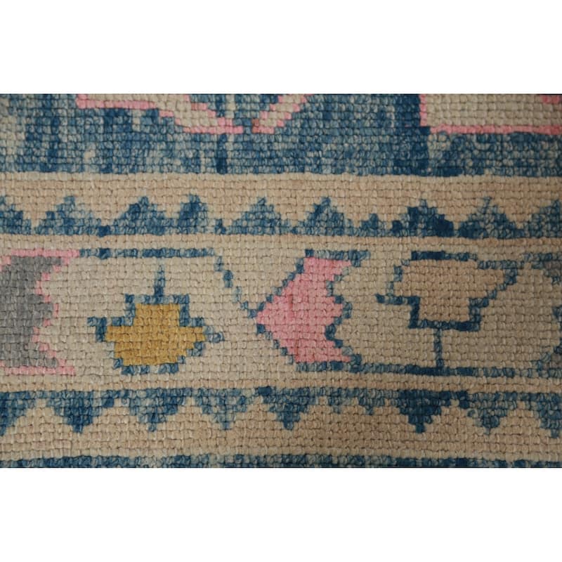 Hand Knotted Oriental 100% Wool Carpet Transitional Geometric Navy Blue & Blues Oushak Runner Rug - 13' 10'' X 3' 2''