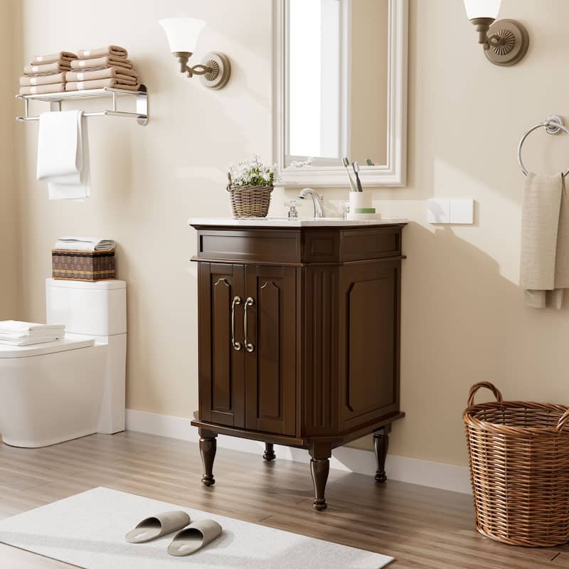 Elegant 24-Inch European Bathroom Vanity with Gold Accents and Marble-Style Sink