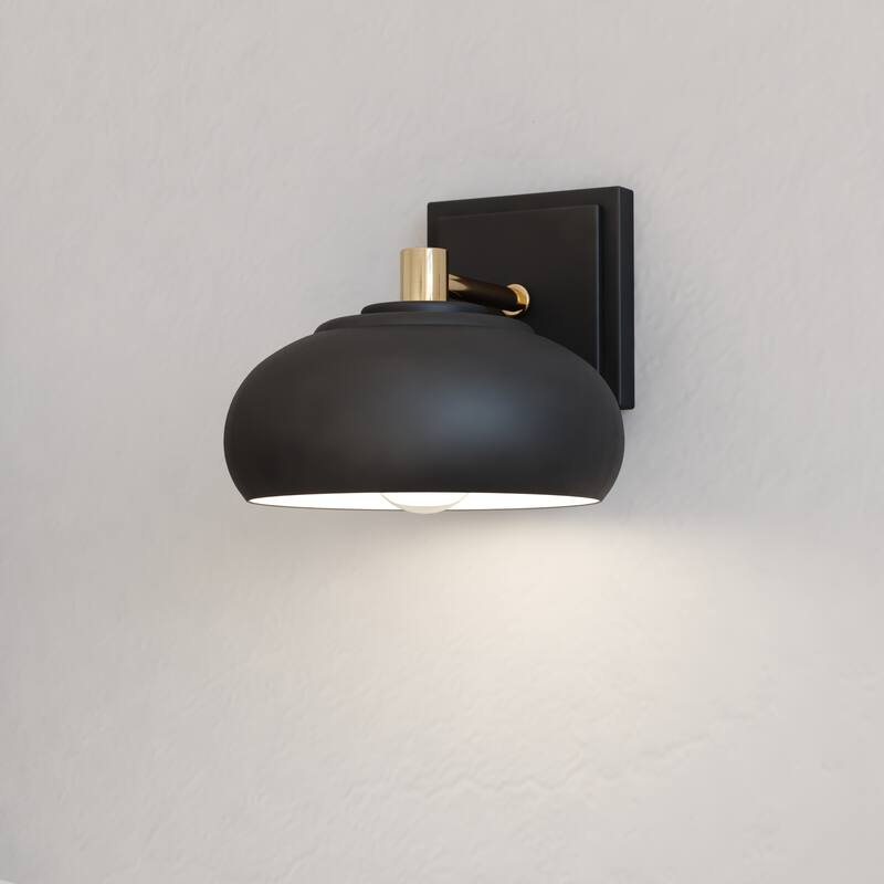 Belmont Mid Century Modern Dome Bathroom Wall Sconce Light Fixture - Matte Black and Satin Brass - 8-in W x 7-in H x 9.5-in D