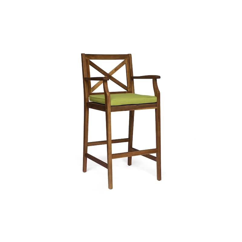 Roomfitters 2-Piece Outdoor Acacia Wood Bar Stools with Armrests and Cushions, X-Back Patio High Dining Chairs