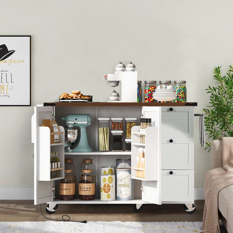 54.5-inch Farmhouse Kitchen Island with Rolling Kitchen Cart on Wheels, Folding Breakfast Bar with Electrical Outle-White/Black