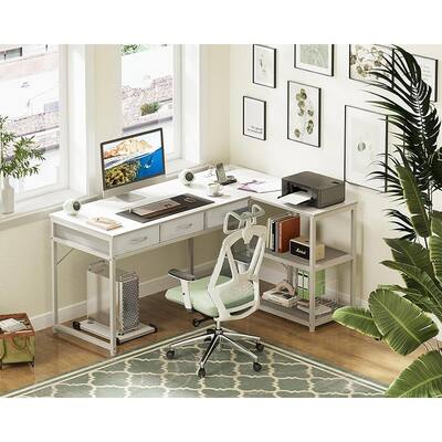 L Shaped Desk with Fabric Drawers, 53 Inch Corner Desk,White
