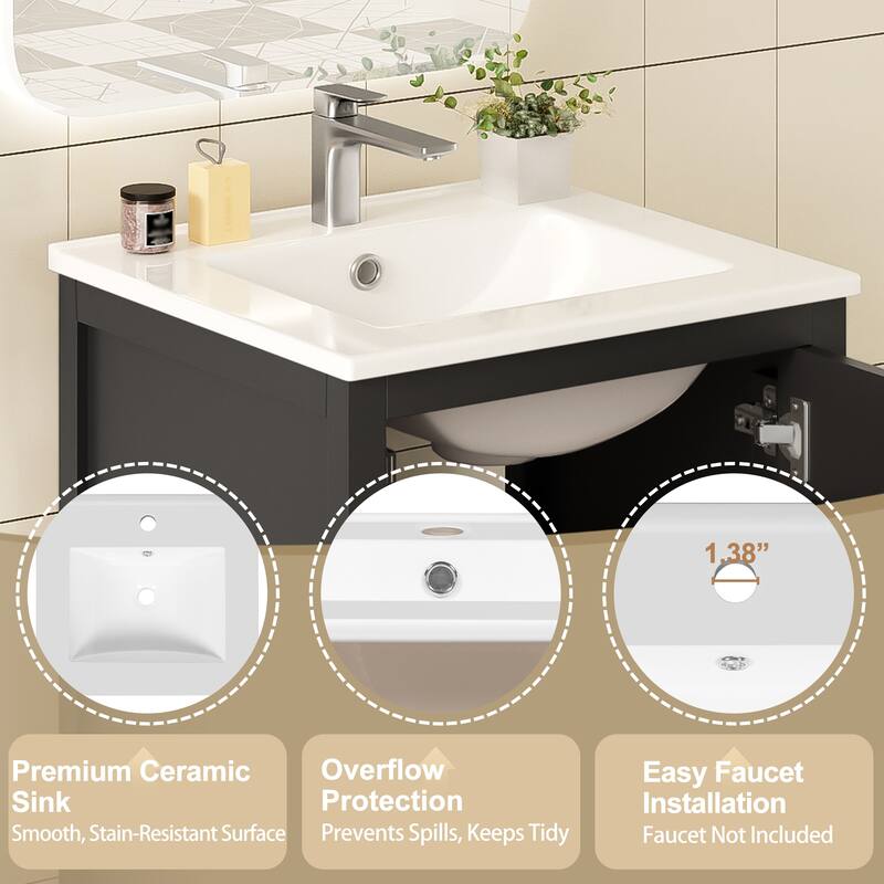 20" Small Bathroom Vanity with Ceramic Sink, Freestanding Storage Cabinet with Soft Close Drawer and Door Organizer