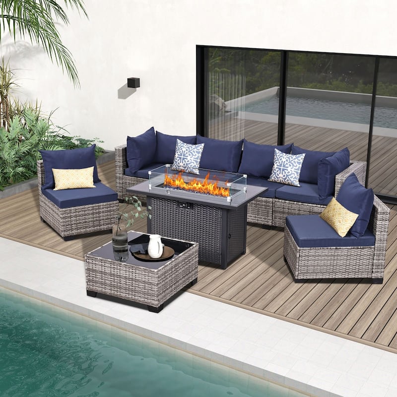 7 Pieces Wicker Rattan Outdoor Sectional Conversation Set with Coffee Table - Gray/Blue