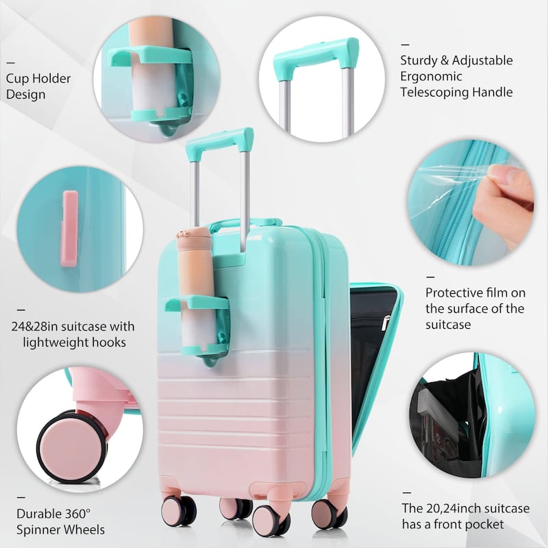 High Quality Front Opening Luggage Sets 3 Piece, ABS+PC Hard Carry on Suitcase with USB Port and Cup Holder & Spinner Wheels