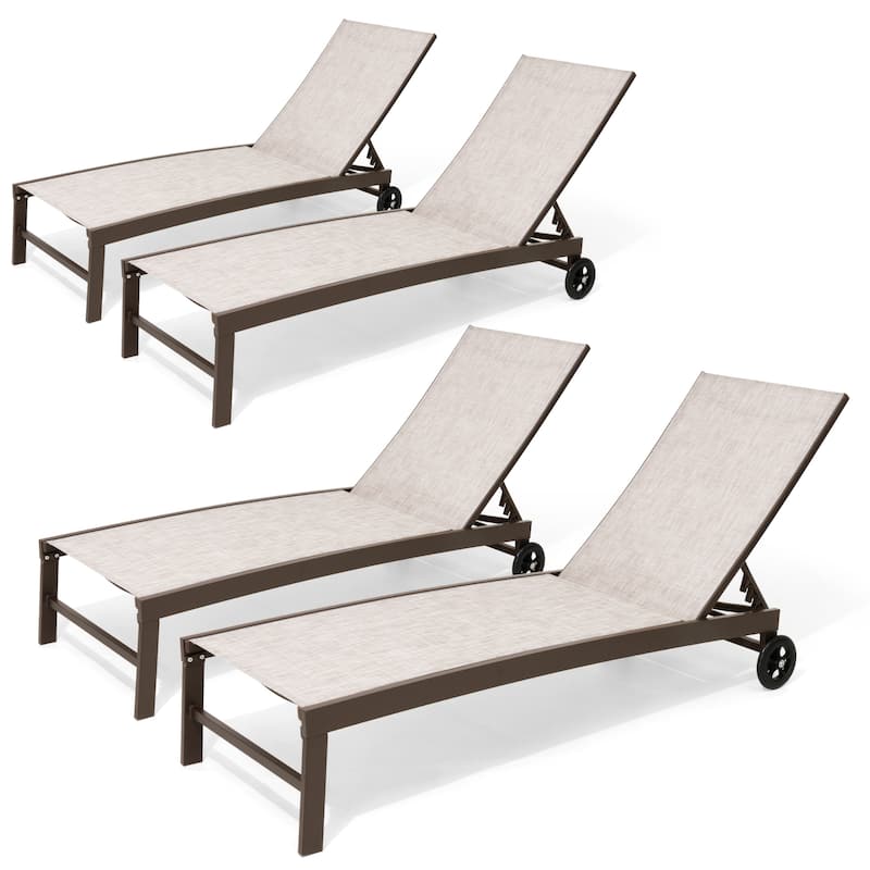Patio Chaise Lounge Chair Adjustable Aluminum Outdoor Recliners with Wheel - Beige - 4PC
