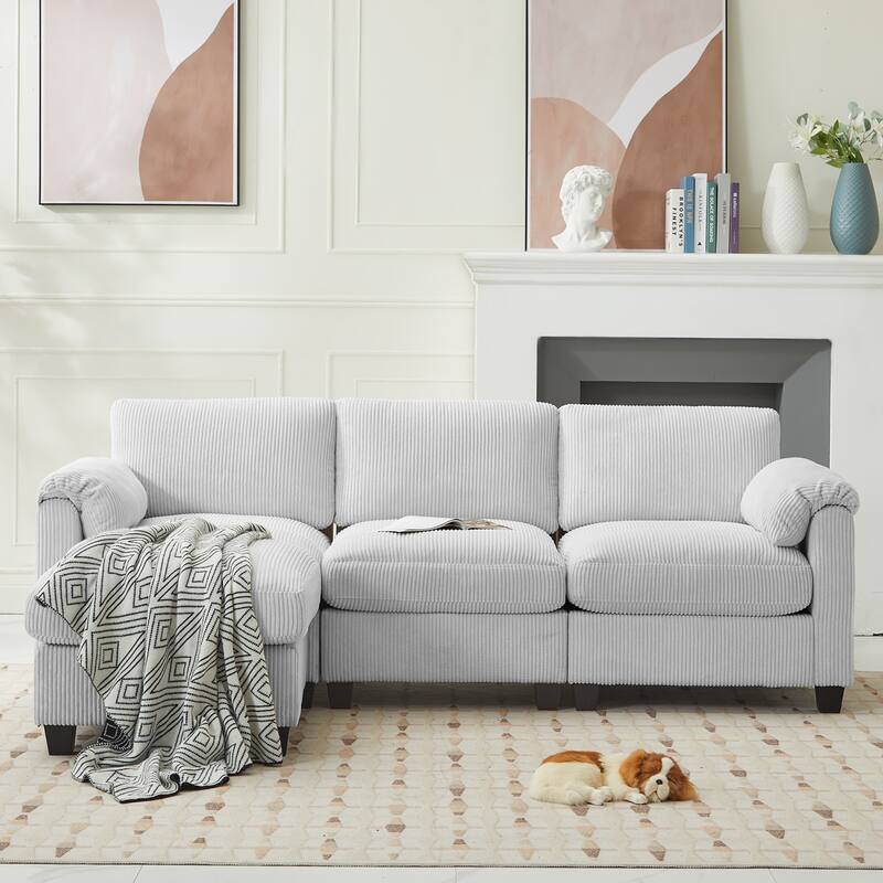 Multi-Seater Corduroy Sectional Sofa, Modular Settee, Included Removable Ottomans