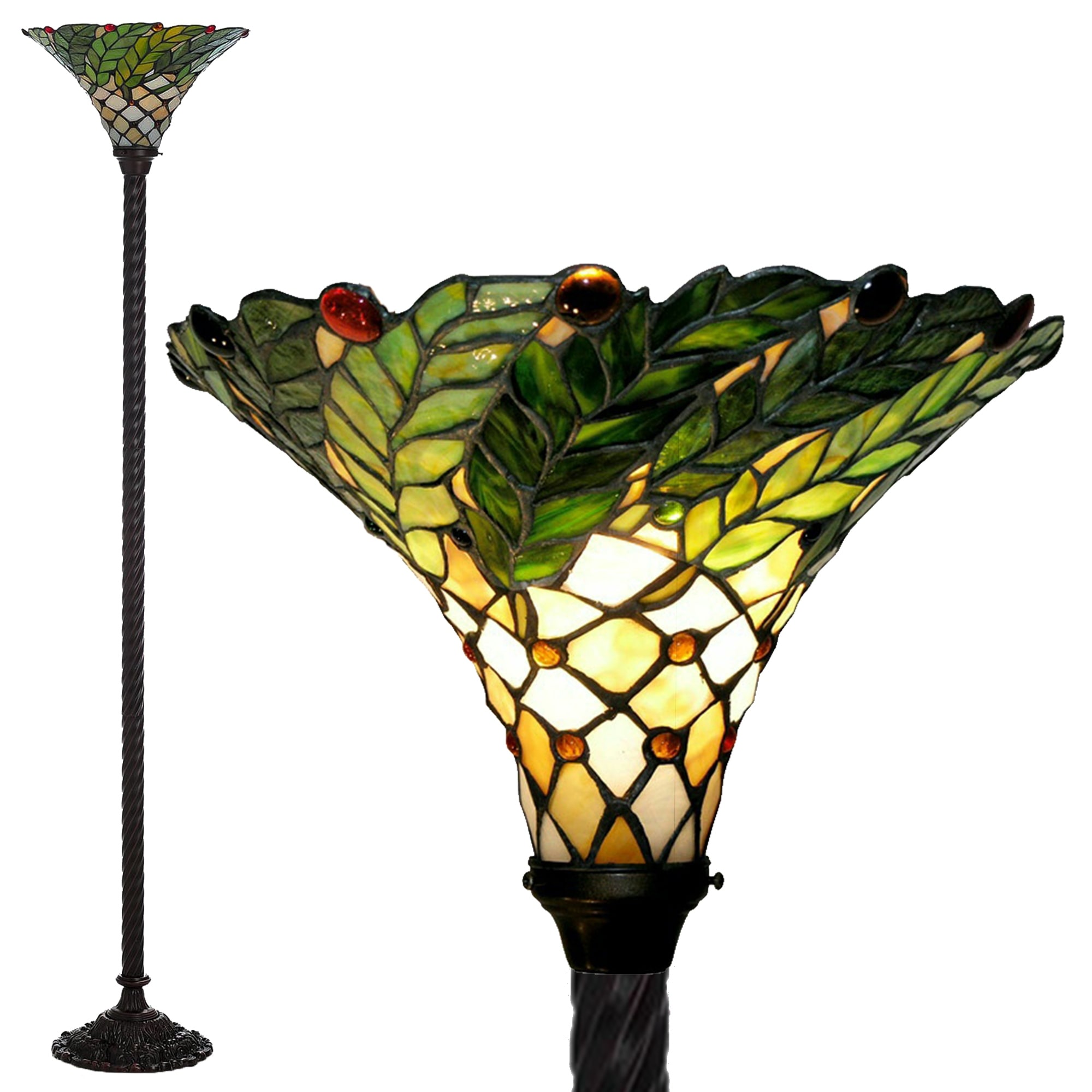 Warehouse of Tiffany Tiffany-style Green Leaf Torchiere Lamp