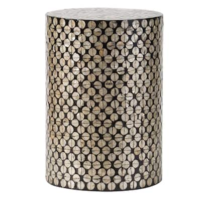 20 Inch Stool Table, Round Wood Design, Modern, Capiz Inlay, Black, White
