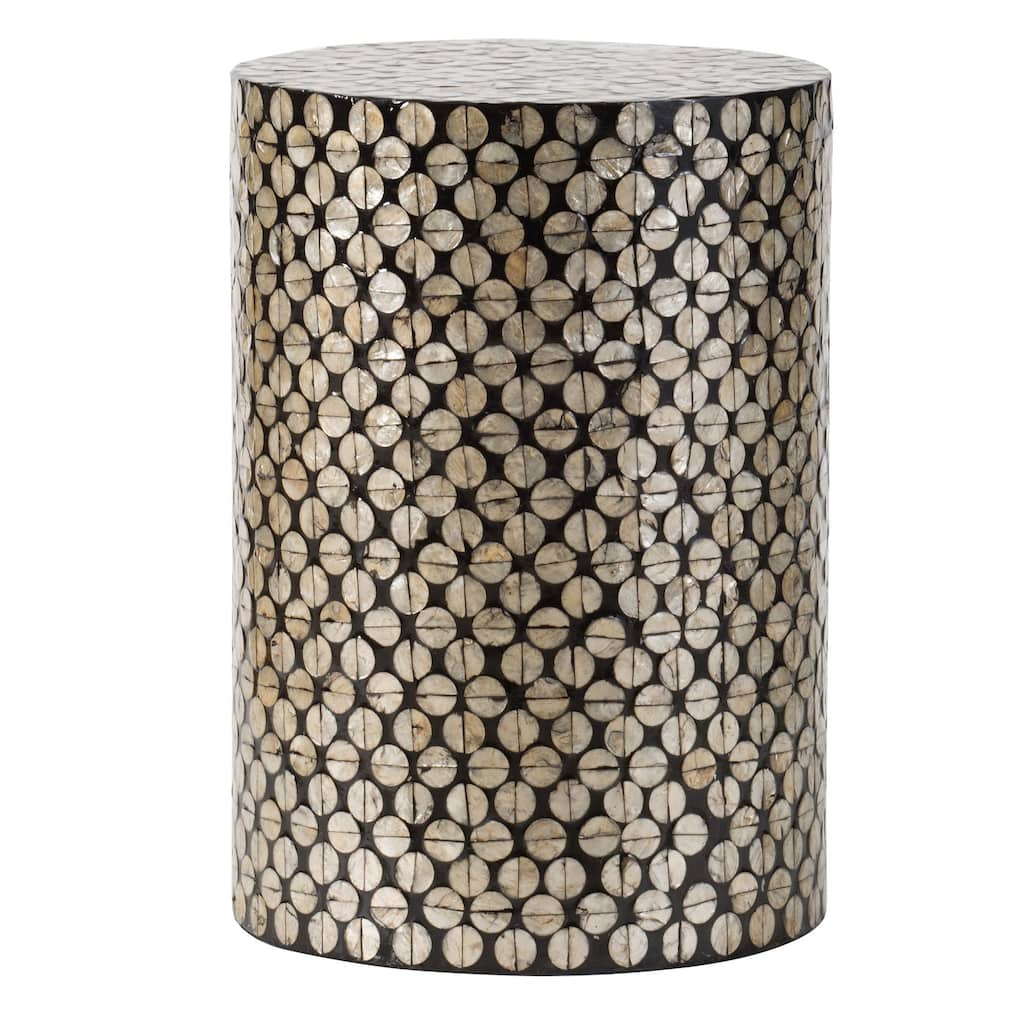 20 Inch Stool Table, Round Wood Design, Modern, Capiz Inlay, Black, White