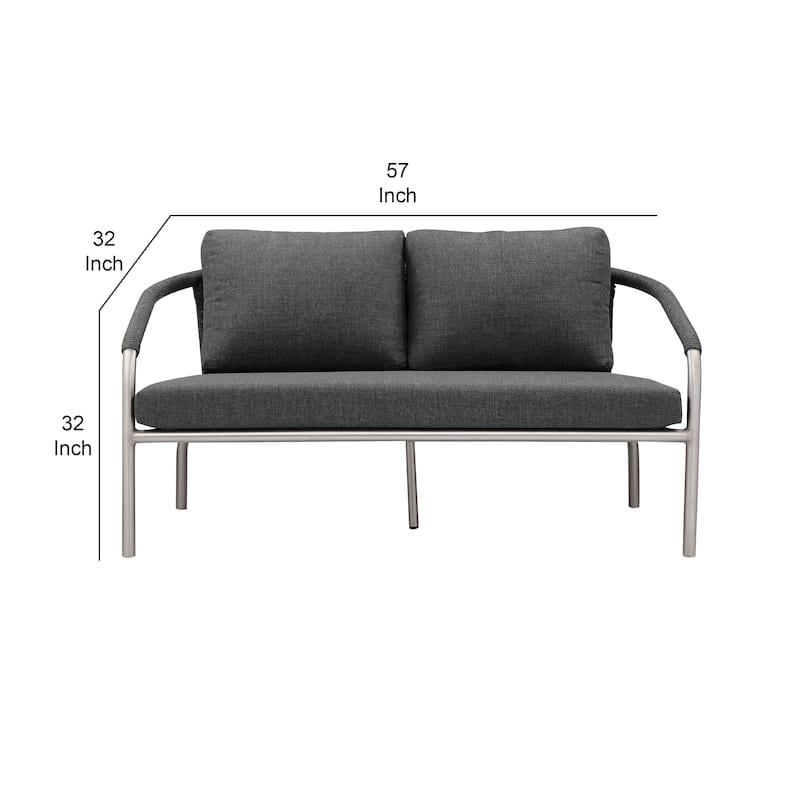 Phil 57 Inch Outdoor Sofa, Gray Fade Resistant Upholstery, Silver Aluminum