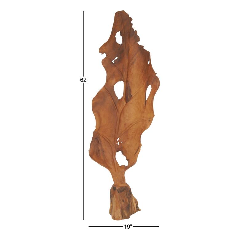 Brown Teak Wood Handmade Live Edge Leaf Decorative Sculpture