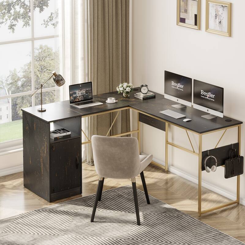 60'' L Shaped Desk with Storage Cabinet Office Computer Desk