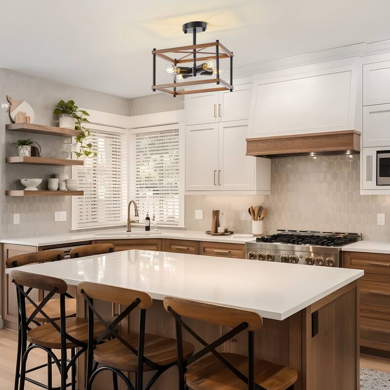 Starsky 4-Light Faux Wood Rectangle Semi Flush Mount - Black