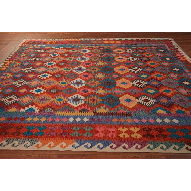 Reversible Kilim Area Rug Flatweave Geometric Wool Carpet - 8'7" x 11'4"