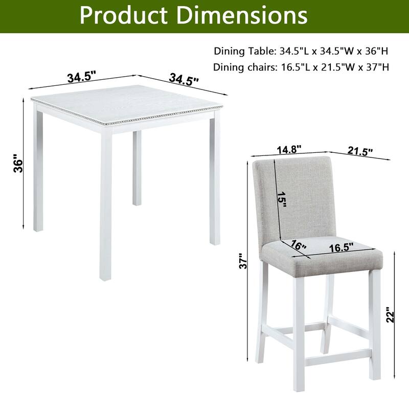 White Counter Height Dining Table with Crystal Decoration, Upholstered Dining Chairs, Wood Table and Chairs Set