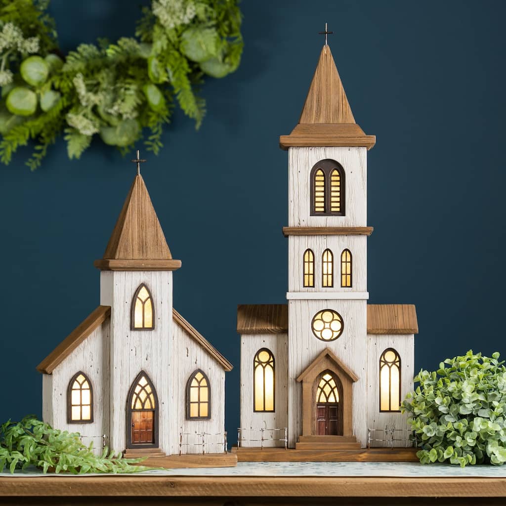LED Lighted Wooden Church Christmas Decoration - 17.75"