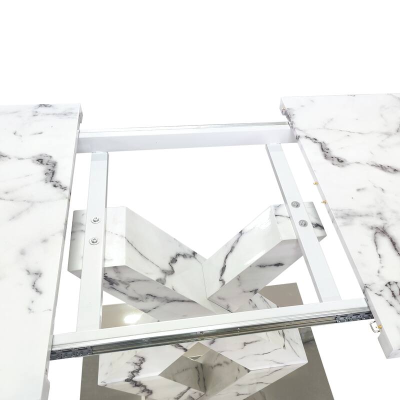 Modern Square Dining Table, Stretchable, with X-Shape Table Leg with Metal Base