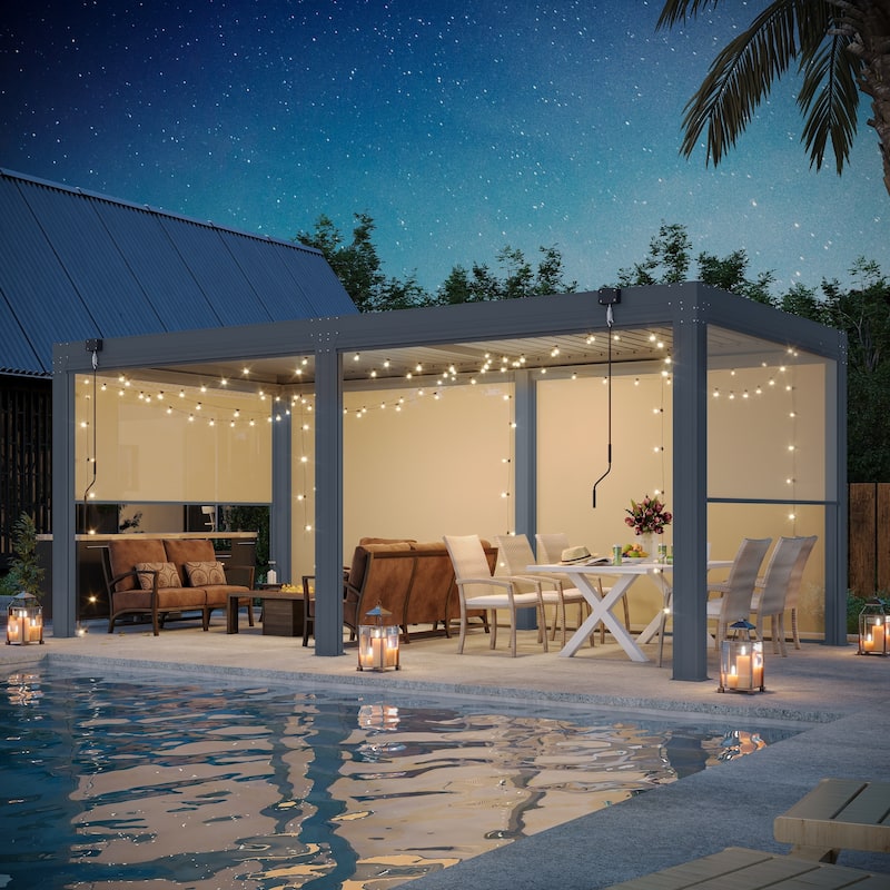 Erommy Outdoor Louvered Pergola Gazebo with Adjustable Aluminum Rainproof Roof and Pull-Down Screen - 10'x20' Pull down - Dark Grey