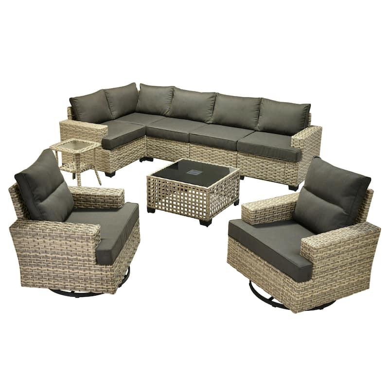 OVIOS 9 Pieces T shaped Seat Wide Armrest Swivel Chair Set With Solar-Powered Table