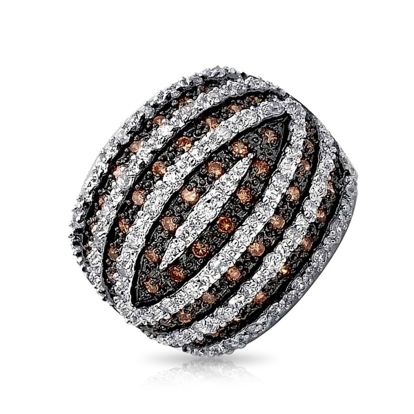 Tri Color Brown Black White CZ Banded Dome Pave Fashion Statement Ring Cubic Zirconia Rhodium Plated Brass
