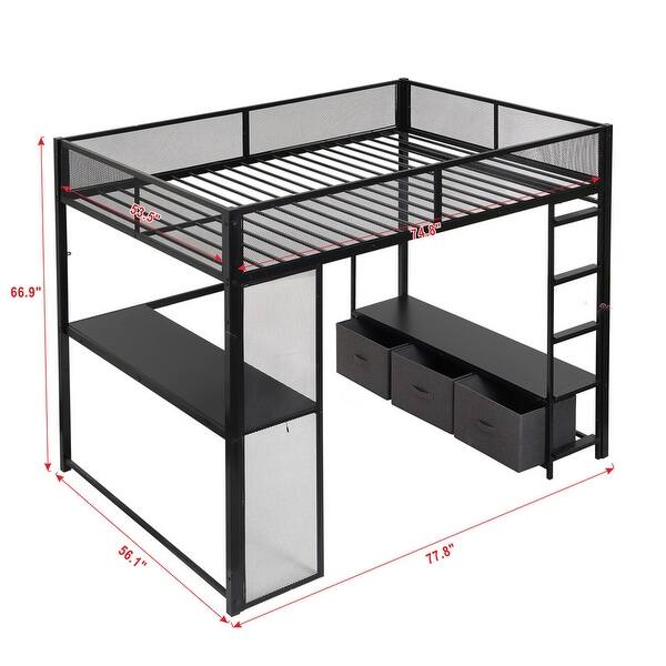 dimension image slide 0 of 2, LED Design Full Size Metal Loft Bed with Desk,Open Wardrobe and 3 Linen Storage Drawers