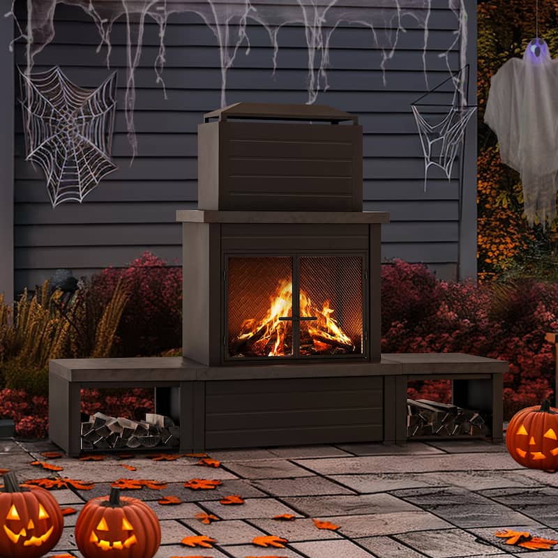 Sunjoy Outdoor Wood Burning with Chimney, Log Holders, Fireplace Tool, and PVC Cover