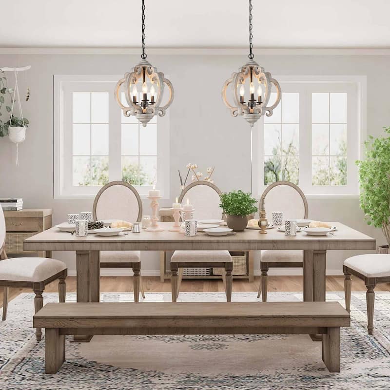 Azizon Farmhouse 3-Light Lantern Chandelier Wood Pendant Lights for Kitchen Island - 15.5"D x 19"H