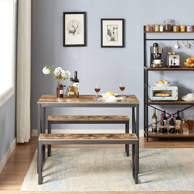 VECELO 3-pieces Dining Table with Bench, Dinning Room Table Set for 4-6, Kitchen Table with 2 Benches Dining Table Set