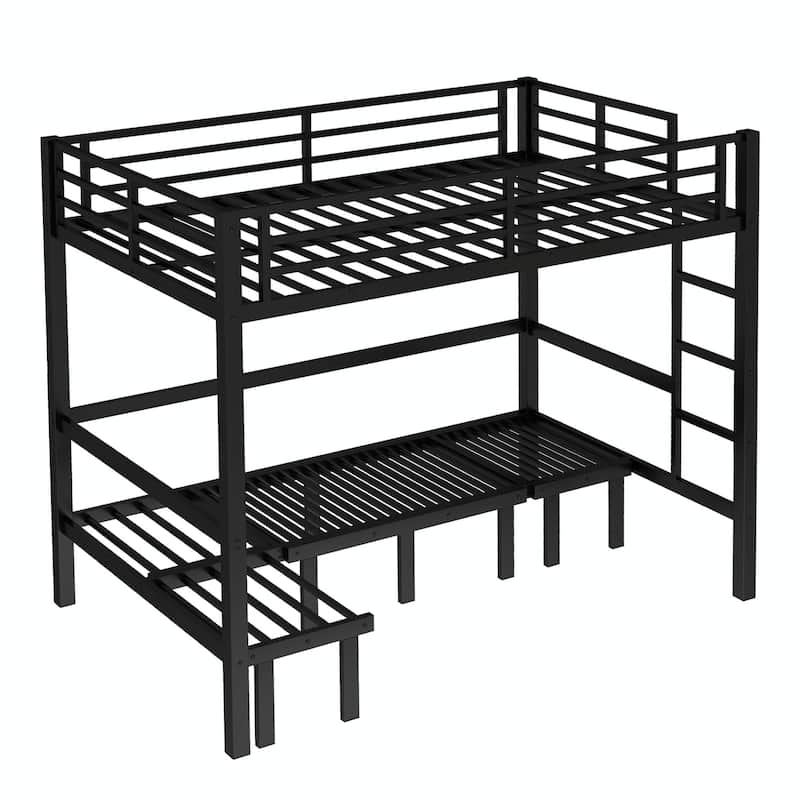 Pull-Out Bunk Bed with Three-Section Lower Bunk and Safety Rails on Top Bunk