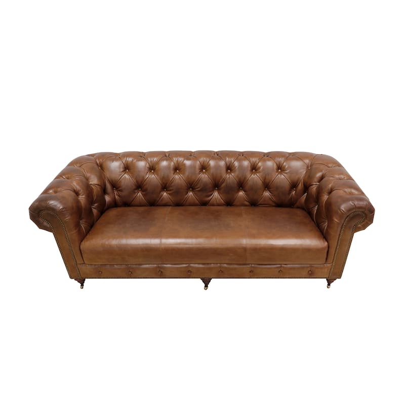 Pasargad Home Paris Club Chesterfield Genuine Leather Sofa, Brown - W88"xD35"xH29"