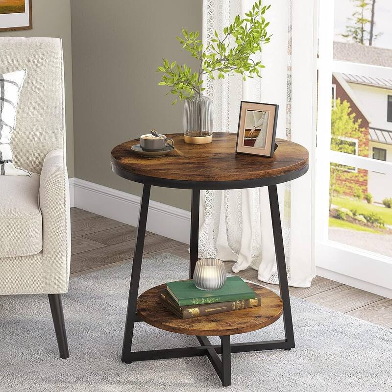Industrial End Table, Round Side Table Table Small Coffee Accent Table - Brown