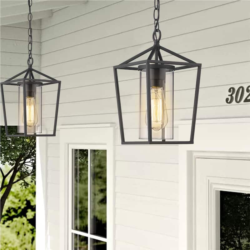 1-light Black Metal With Glass Shade Outdoor Hanging Pendant Light