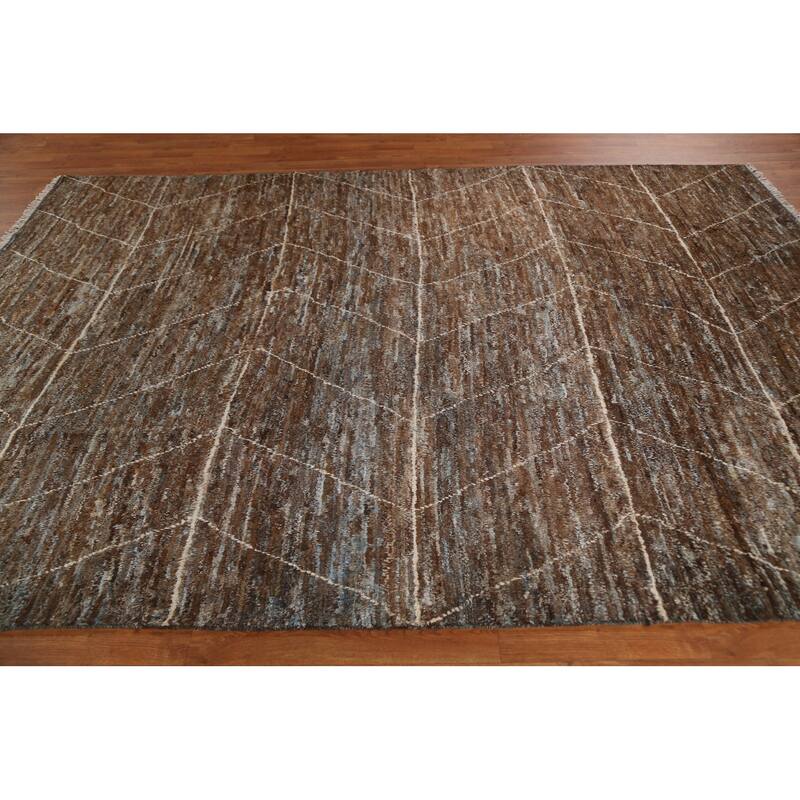 Hand Knotted Oriental 100% Wool Carpet Tribal Tribal Brown Moroccan Area Rug - 9' 7'' X 6' 7''