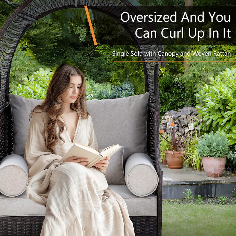 Single Rattan Sofa with Top Canopy, Elegant Wicker Couch for Outdoor