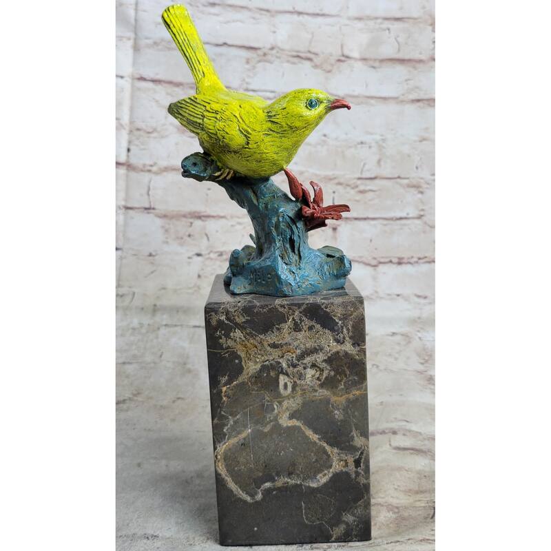 Bronze Metal Colorful Yellow Finch Songbird Bird Sculpture Statue Figurine Marble Base