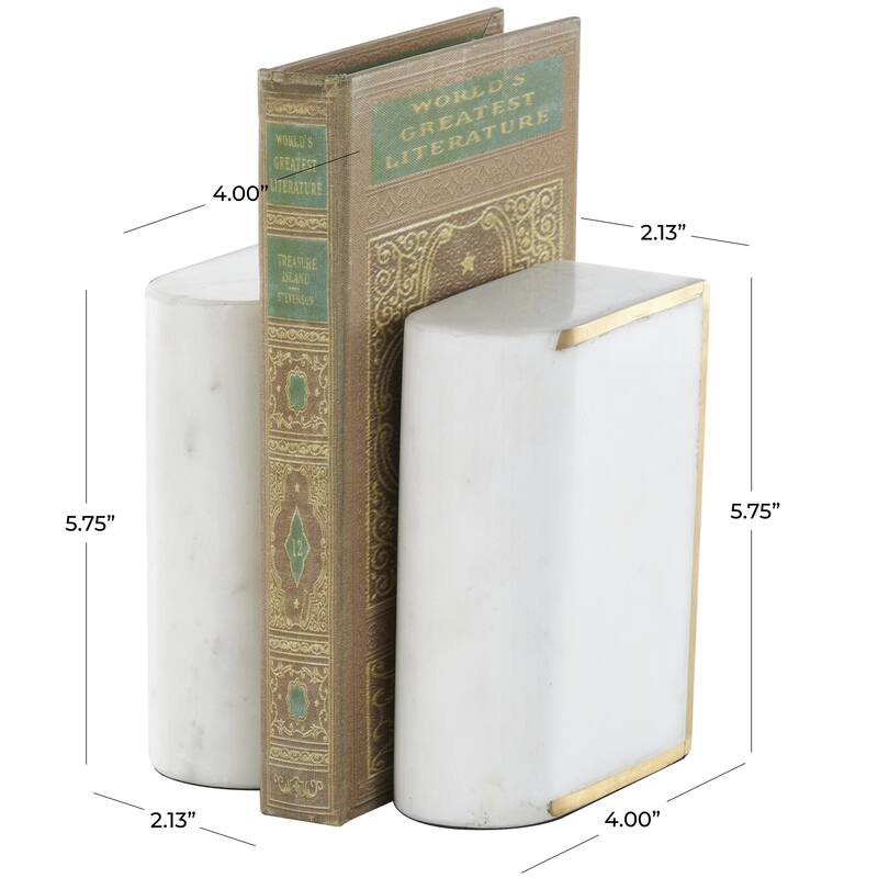 Marble Curved Rectangular Decorative Bookends with Gold Accents - Set of 2 White - Roche River Decor