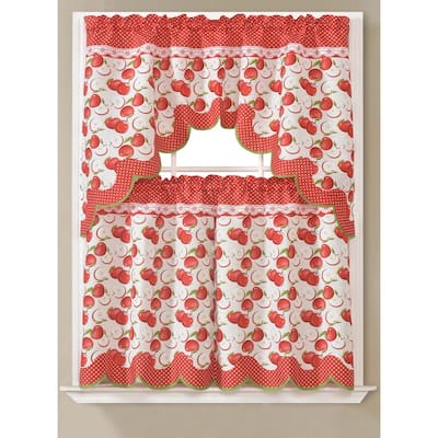 Agnes Apples Kitchen Curtain Set, Red, Swag Valance 60x36, Tiers 30x36 Inches - L