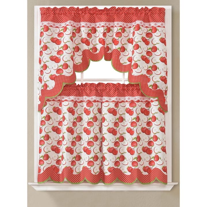 Agnes Apples Kitchen Curtain Set, Red, Swag Valance 60x36, Tiers 30x36 Inches - L