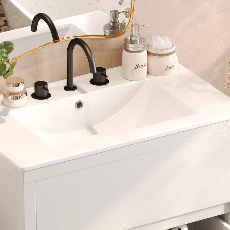 30" Freestanding Bathroom Vanity with Ceramic Sink - 2 Full-Extension Drawers, Soft-Close Slides & 45° Handle-Free Design