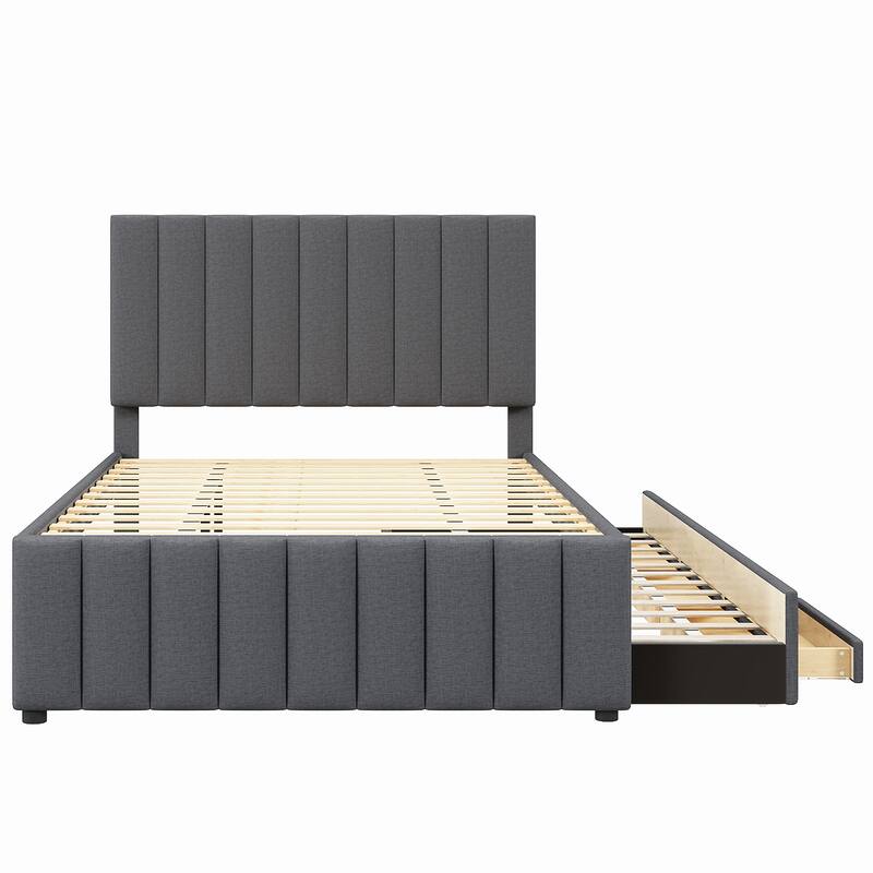 Upholstered Platform Bed Captain Bed with Trundle and 3 Drawers, Vertical Striped Linen Headboard and Footboard Slats Support
