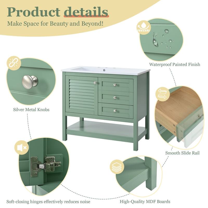 36 inch MDF Freestanding Bathroom Vanity Set in Green with Integrated Resin Sink