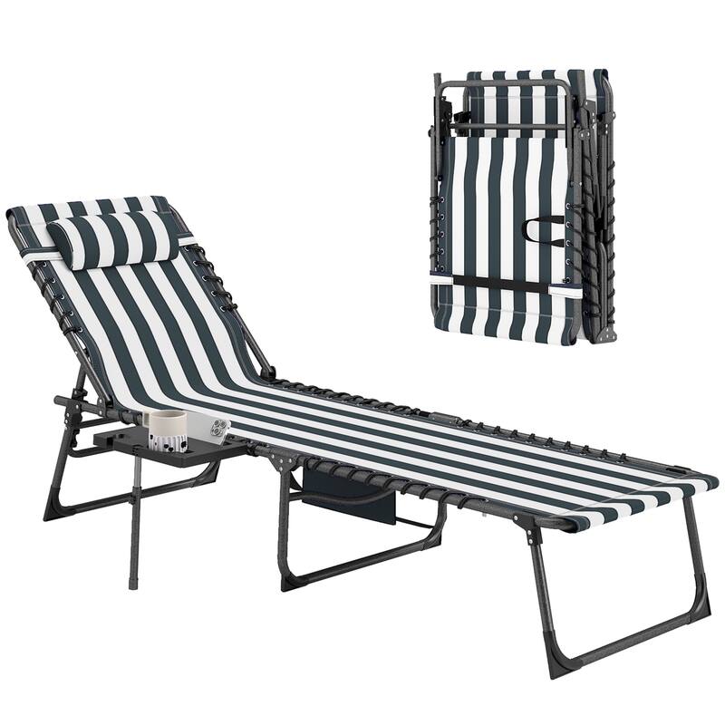 Outsunny Folding Chaise Lounge Chair Outdoor Tanning Chair with Side Table, 5-Level Adjustable Beach Lounge Chair with Headrest