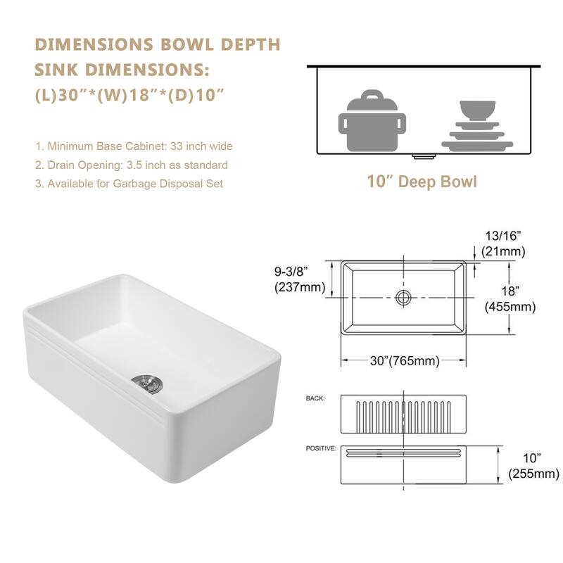 Kichae 30 Inch Ceramic Sink Undermount Farmhouse White Apron Front Kitchen Sink - 30 in.W x 18 in.D x 10 in.H