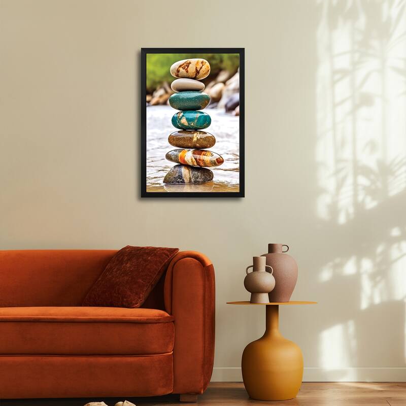Zen Balancing Seid Stacking Stones On A Riverbank - I Premium Framed Poster by OLena Art